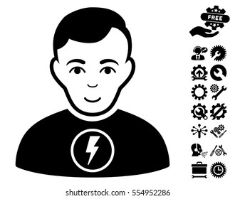 Power Man icon with bonus tools pictograph collection. Vector illustration style is flat iconic black symbols on white background.