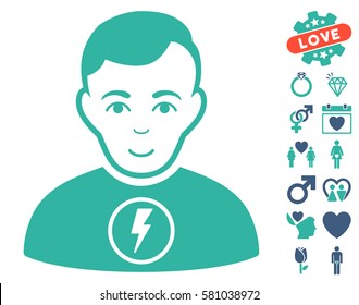 Power Man pictograph with bonus decorative clip art. Vector illustration style is flat iconic cobalt and cyan symbols on white background.