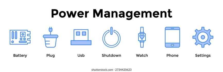 Power Management Banner Web Icon Vector Illustration Concept For Battery, Plug, Usb, Shutdown, Watch, Phone, Settings