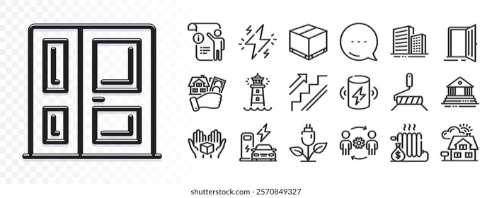 Power, Manual doc and Entrance line icons for web app. Glare of light effect. Message icon. Pack of Buildings, Eco power, Hold box pictogram icons. Vector