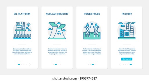 Power manufacture, oil and gas industry vector illustration. UX, UI onboarding mobile app page screen set with oil production platform symbols, nuclear plant, electric energy power line generation