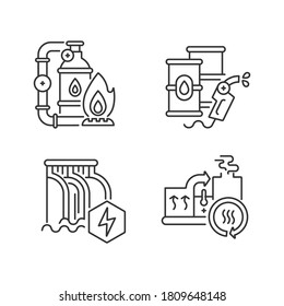 Power manufacturing linear icons set. Gas extraction, petroleum refinery, dam and heat recovery customizable thin line contour symbols. Isolated vector outline illustrations. Editable stroke