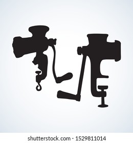 Power meatgrinder on light backdrop. Dark ink hand drawn culinary object device logotype pictogram insignia emblem in antique art engrave etch print style pen on paper. Close up view on space for text