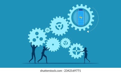Power Mechanism. Team of business people connect gear mechanism and battery