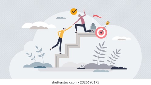 Power of mentoring and teacher strength for success tiny person concept. Help with motivation, development, growth and advices for effective development vector illustration. Partnership support reach