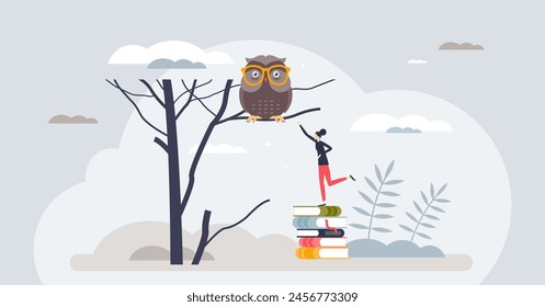 Power of mentorship for personal development and growth tiny person concept. Education and study with assistance and guidance from smart mentor vector illustration. Potential improvement with study.