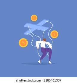 the power of money. controlled and enslaved by money. become a toy for the rulers or the rich. a man or worker is controlled by the power of money. illustration concept design