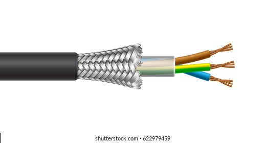 Power multicore cable with braided shield structure isolated on white background. Vector realistic illustration.