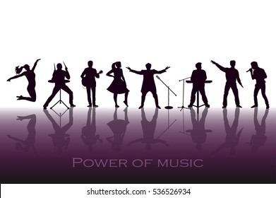 Power of music concept. Set of black silhouettes of musicians, singers and dancers. Vector illustration