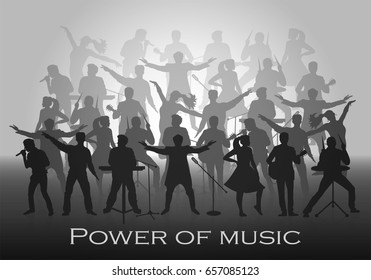 Power of music concept. Set of silhouettes of musicians, singers and dancers. Vector illustration