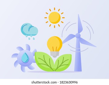 Power of nature concept sun wind rain water droplet leaf light bulb white isolated background with flat style