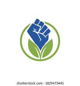 Power of nature vector logo design. Hand and eco symbol or icon. Unique protest and organic logotype design template.