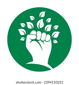 Leistung des Naturvektorlogos Design. Hand- und Öko-Symbol oder Symbol.