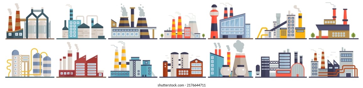 Power, nuclear and energy industry, refinery plants set vector illustration. Cartoon factory buildings and manufacturing structures with warehouses and pipelines isolated on white. Manufacture concept