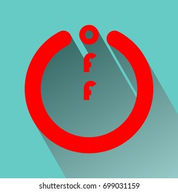 Power off icon with long shadow on blue background. Red circle with off text. EPS10 vector illustration for sign, symbol, banner, template, poster. 