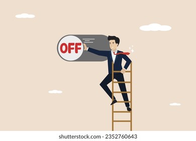 Power off setting preference, analytic control panel, energy saving and ecology concept, smart businessman pushing button to power off in control panel dashboard.