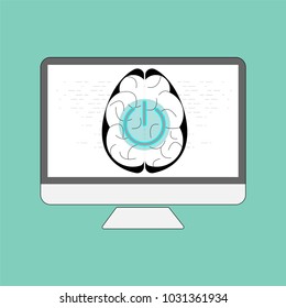 Power on button and brain symbol layers on computer screen background, depicting working mode. Vector illustration.
