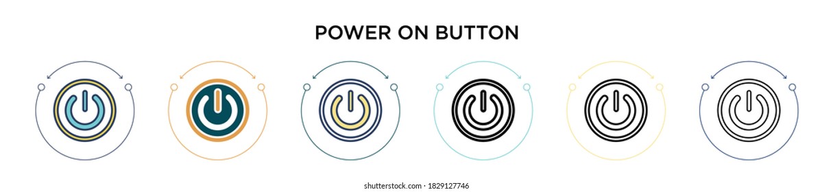 Power on button icon in filled, thin line, outline and stroke style. Vector illustration of two colored and black power on button vector icons designs can be used for mobile, ui, web