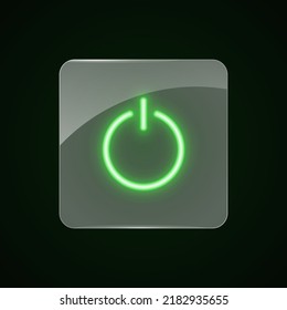 Power on neon glass icon. Green neon sign on dark background. Best for polygraphy, mobile apps and web design.