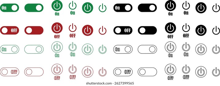 Power on or off button icon set. Turn on and turn off switch button. On and off toggle switch buttons. On and off vector with red and green color collection isolated on transparent background.