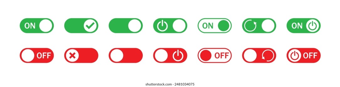 Power on or off button. Set of switch button icon set. Turn on and turn off switch button. On and off toggle switch buttons. On and off vector icon set with red and green color.