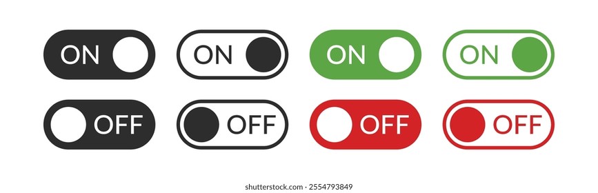 Power On and Power Off switch icon collection set. On off toggle switch symbol. Turn on and turn off switch button with green and red color. Vector Illustration.