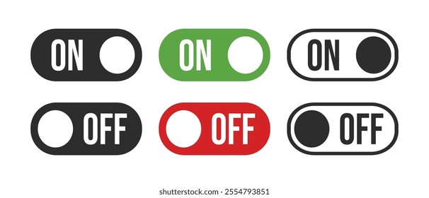 Power On and Power Off switch icon collection set. On off toggle switch symbol. Turn on and turn off switch button with green and red color. Vector Illustration.