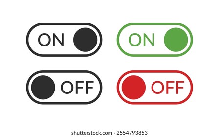 Power On and Power Off switch icon collection set. On off toggle switch symbol. Turn on and turn off switch button with green and red color. Vector Illustration.