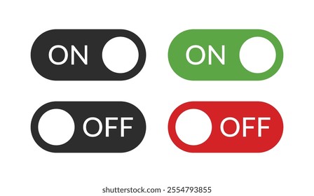 Power On and Power Off switch icon collection set. On off toggle switch symbol. Turn on and turn off switch button with green and red color. Vector Illustration.