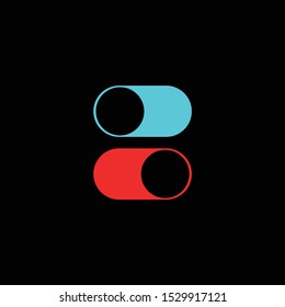Power ON OFF switch slider button in blue and red colors. Vector illustration and black background