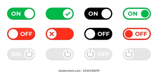 Power on and off toggle switch icon collection. Toggle switch, power switch, turn on, turn off button for ui, app, and website. Transparent png and vector illustration