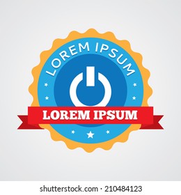 power on vintage badge, label icon. Blue with red ribbon 