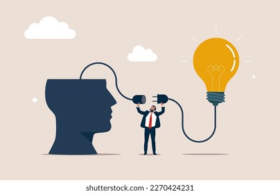 Power up optimism. Businessman connect positive energy.  Modern vector illustration in flat style