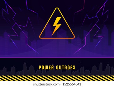 Power outage, banner with lightning on black background of the city without electricity. Warning poster with yellow triangular icon. Storm aftermath