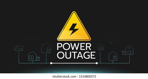The power outage banner with a warning sign the one is on the black background with a slight blue glow also there are the outline icons of houses connect each other.