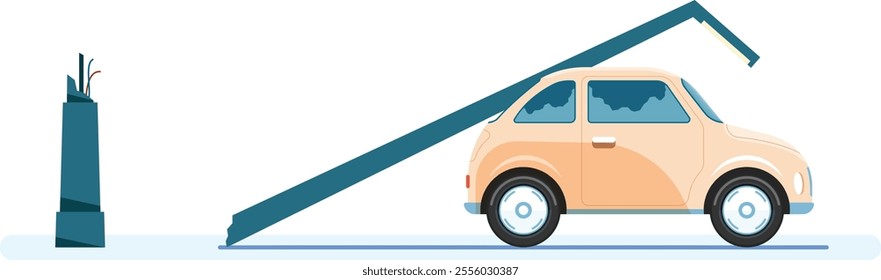 Power outage causing a falling electric pole crushing a car during earthquake or hurricane showing infrastructure damage and insurance claim concept