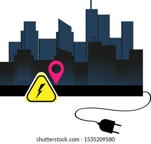 power outage in the city. cord with socket, geo tag. concept. vector