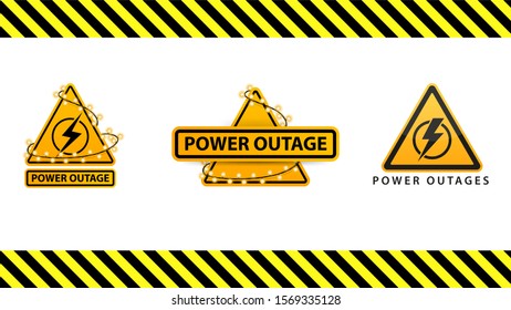 Power outage, collection yellow warning signs wrapped with garland on the white background isolated on white background