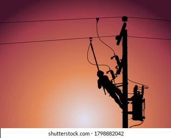 Power outage concept : Lineman is releasing the electricity of the transformer from the high voltage distribution system. To check the cause of the power failure.