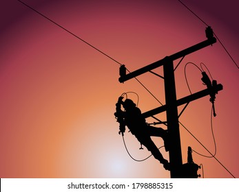 Power outage concept : Lineman is releasing the electricity of the transformer from the high voltage distribution system. To check the cause of the power failure.