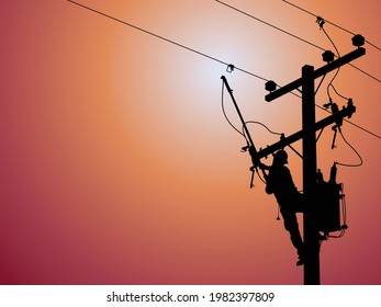 Power outage concept : Lineman is releasing the electricity of the transformer from the high voltage distribution system. To check the cause of the power failure.