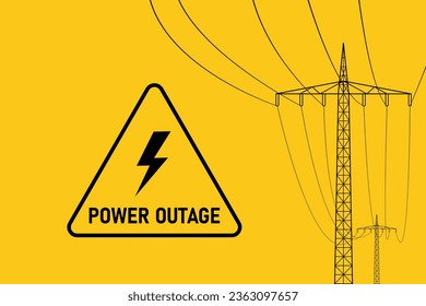 Power outage. Electrical shutdown. Yellow sign warning of a power outage. Power line. High voltage wires. Vector illustration.