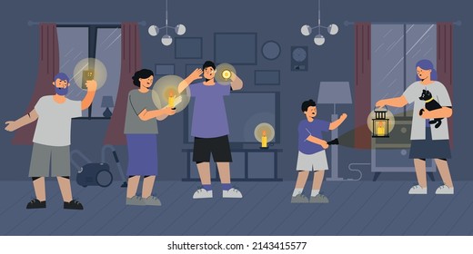 Composición plana de corte de energía con vista interior de sala de estar con familiares sosteniendo luces portátiles ilustración vectorial