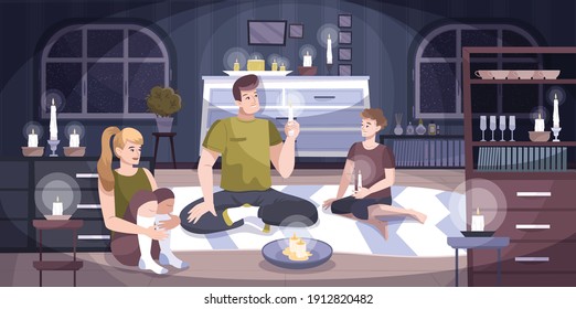 Power outage home composition a family of three sits in an apartment with candles because there is no light at home vector illustration