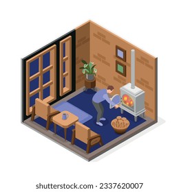 Power outage isometric composition with man kindling fireplace in room of country house vector illustration