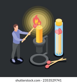 Power outage isometric design concept with man lighting big candle by giant match 3d vector illustration