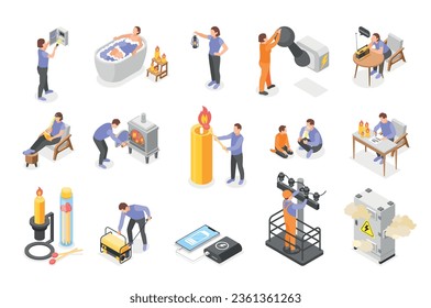 Power outage isometric icons with people using alternative energy sources so as flashlight candle fireplace isolated vector illustration