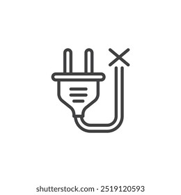 Ícone de linha de interrupção de energia. Sinal de estilo linear para conceito móvel e design da Web. Plugue elétrico com um ícone de vetor com contorno transversal. Símbolo de perda de eletricidade, ilustração do logotipo. Gráficos vetoriais