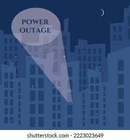 Cortes de energía en el fondo del cielo nocturno y la ciudad sin electricidad. Apagón en la ciudad nocturna, ilustración vectorial. El horizonte oscuro de la ciudad.