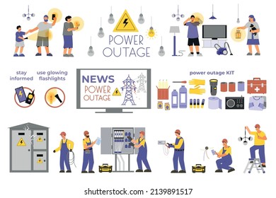 Juego de corte de energía con iconos aislados planos de los enchufes de líneas eléctricas y trabajadores profesionales con ilustraciones vectoriales de clientes